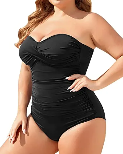 Plus Size Strapless One Piece Swimsuit Tummy Control Bathing Suits-Black