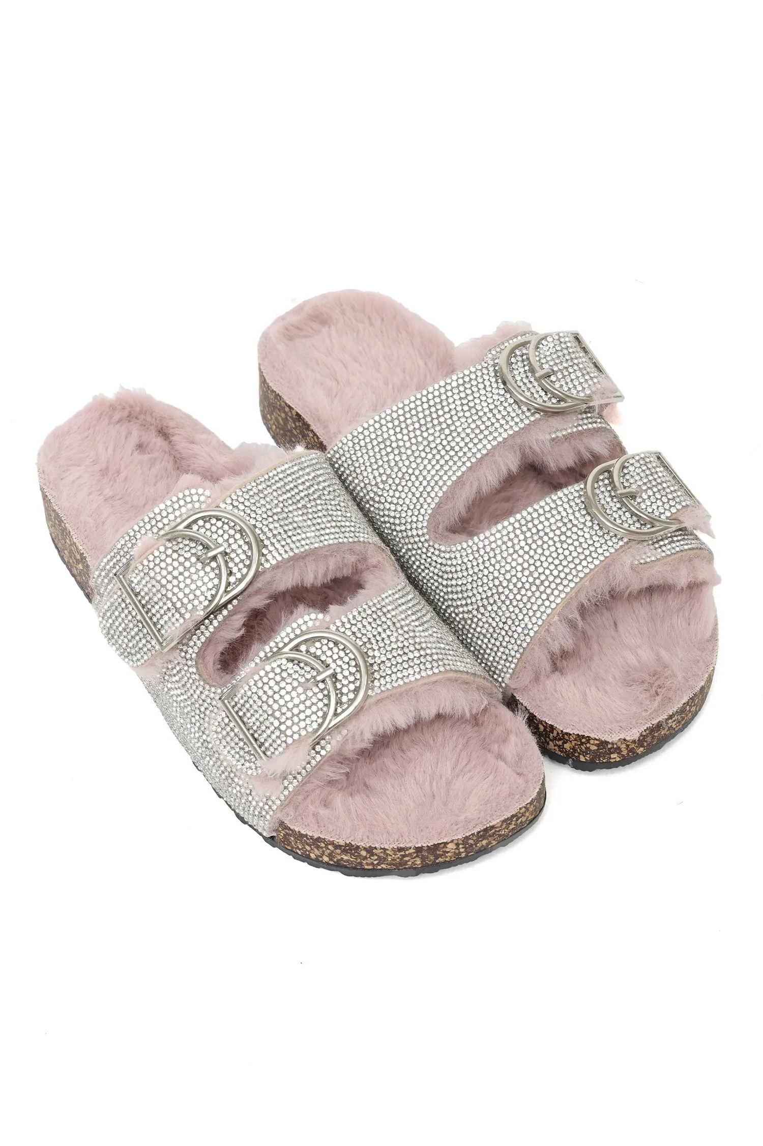 RHINESTONE DOUBLE-BUCKLE FUR SLIDES-PINK