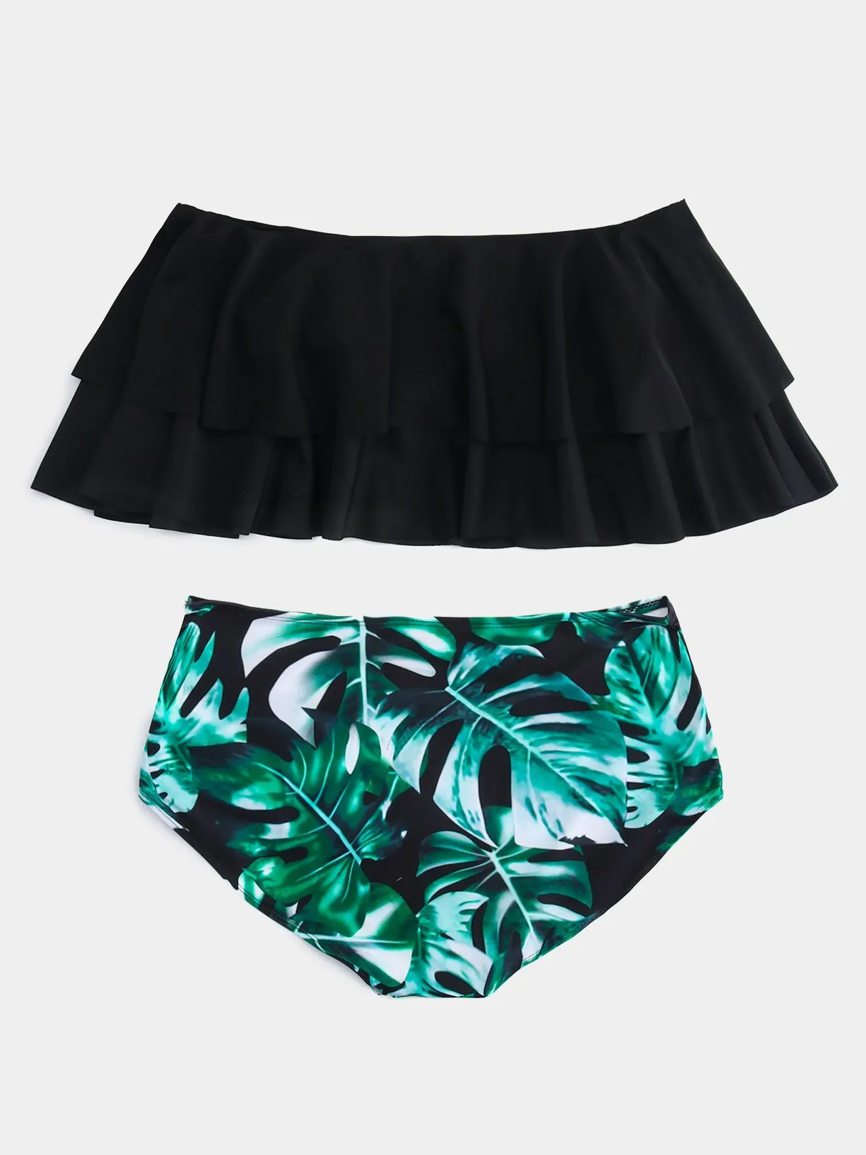Wholesale Off The Shoulder Half Sleeve Printed Tiered Backless Cut Out Bikinis